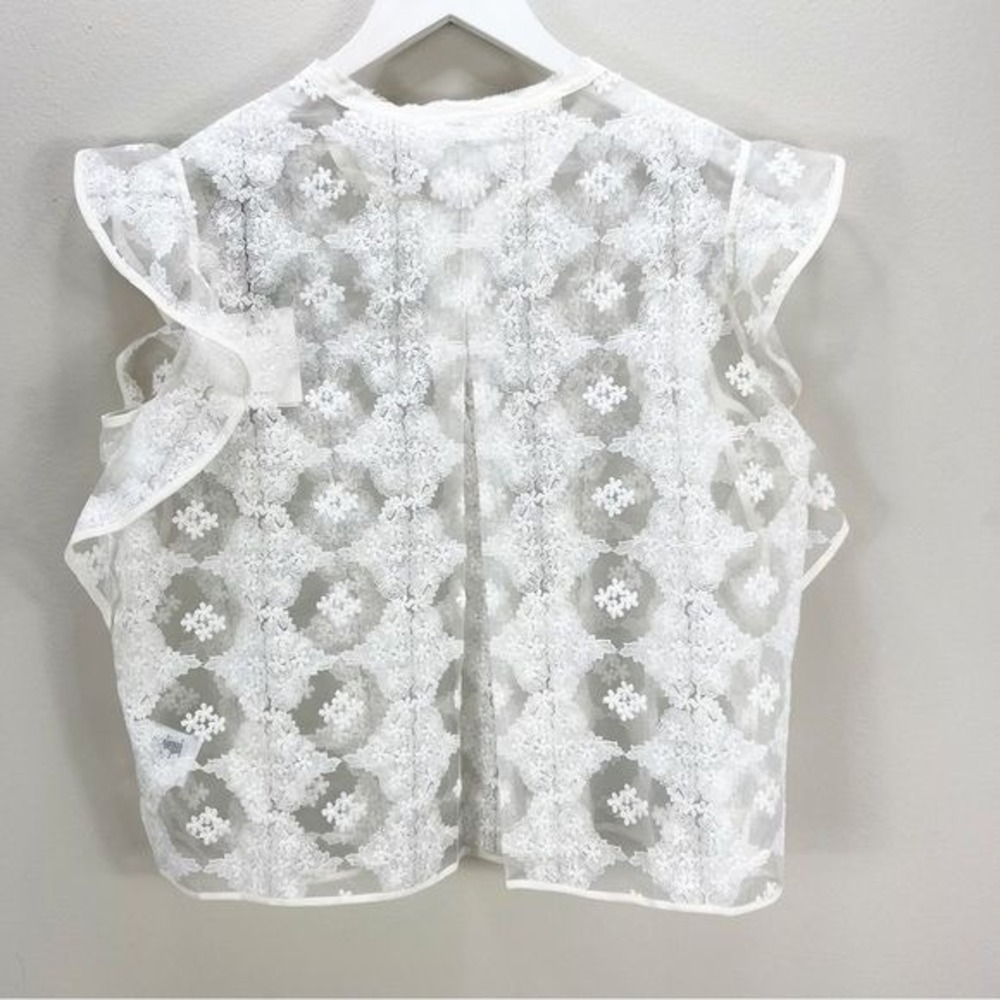 Sandro Floral Victoria Embroidered Lace Top White Floral Ruffle Sheer Sz 3 US L - Picture 7 of 8